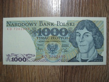 BANKNOT PRL 1000 ZŁOTYCH 1982 ROK SERIA KD MIKOŁAJ KOPERNIK UNC