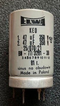 47uF + 47uF 350V KEO Kondensator elektrolit ELWA