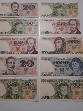 7#N 10 BANKNOTÓW PRL UNC OD 20 ZŁ DO 1000 ZŁOTYCH 