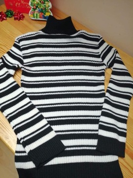 Sweter golf S 36 paski pasy biały czarny