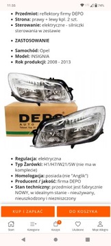 Reflektory przednie depo opel insignia