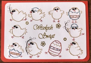 Kartka ręcznie haftowana świąteczna kurczaki 