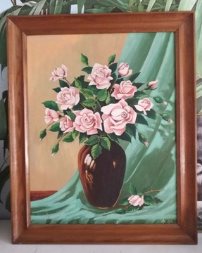 Obraz olej na płótnie 1984r, róże w wazonie