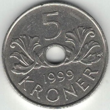Norwegia 5 koron kroner 1999 26 mm