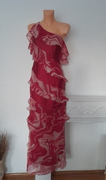 Satynowa sukienka maxi z falbanką czerwona marmurkowa Asos r. L / XL