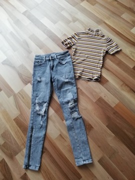 Komplet jeansy nowe bluzka CROPP  prążek r xs 34