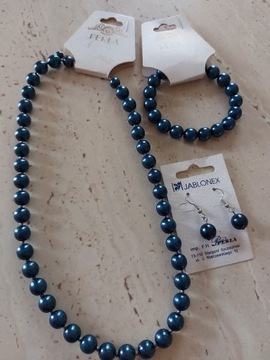 Komplet perły bransoletka kolczyki niebieskie