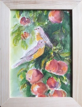 Obraz ręcznie malowany "Ptaki" jabłka + rama