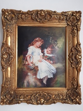 Obraz "Ukochane z dzieciństwa" w barokowej ramie.
