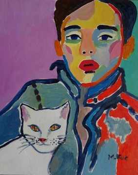obraz olejny pop art portret mężczyzna z kotem 