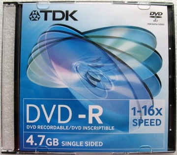 TDK DVD-R. 4.7 GB, 1 -16x. 10 sztuk, pudełka slim.