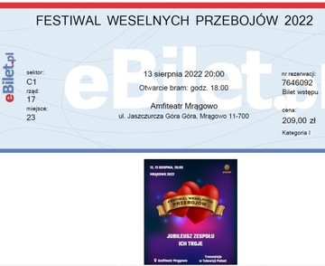 3 bilety Festiwal wesel. przeb. Mrągowo 13/08/2022