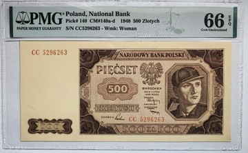 500 złotych 1948 ser.CC -PMG 66 EPQ