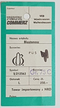 Metka, etykieta z lat 70-tych XX w. Biustonosz NRD