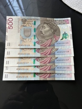 5 banknotów o nominale 500 zł dla kolekcjonera