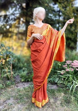 Vintage saree sari pomarańczowe paisley indyjska 