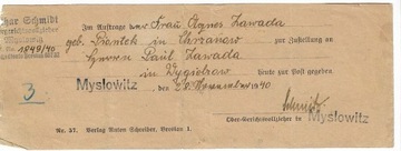 Pismo sądowe, niemieckie z 1940 r z m. Myslowitz