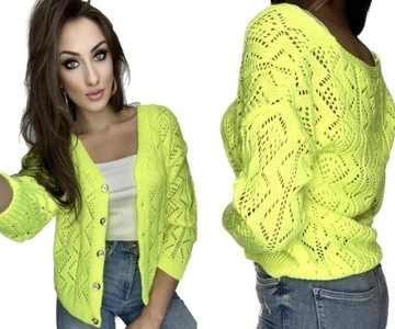 Sweter kardigan ażurowy neonowy YELLOW/GREEN