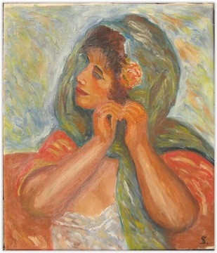 Kobieta zakładająca kolczyk Sygnowany portret ! 