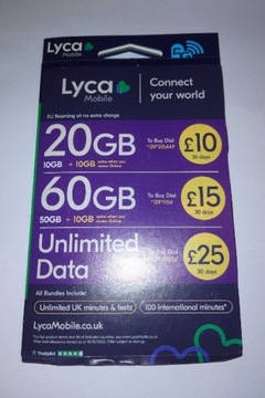 Aktywna Karta SIM Lyca UK roaming UE do 35GB