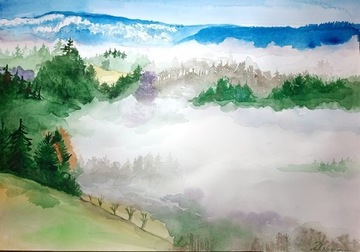 Obrazek akwarela pejzaż letnia mgła