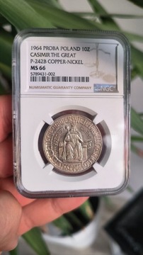 Moneta 10zł Kazimierz Wielki 1964 Próba NGC MS66