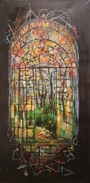 Obraz ręcznie malowany "Witraż leśny" 90x45