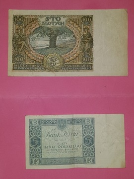 Banknot pięć złotych 1930r.  Sto złotych 1934r. 