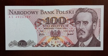 100 zł złotych  - 1976 r. seria AS - stan 1 UNC