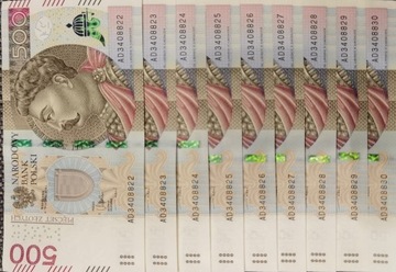 banknoty 500 zł 9 szt. kolejne numery serii AD