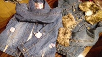 Dwie kurteczki jeans i kamizelka futerkowa rozm128