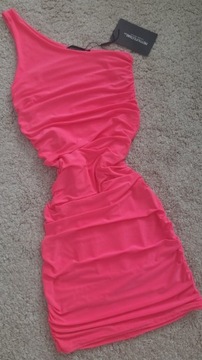 Nowa sukienka dopasowana marszczoną neon różowy