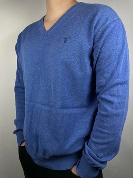 Sweter w serek Gant XXL niebieski premium cotton