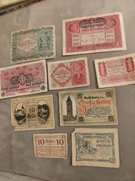 Zestaw 9 banknotów Austro-Węgier i Austrii 