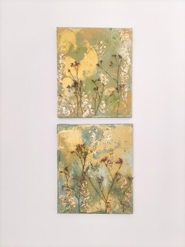Zestaw dwa obrazy akrylowe abstrakcja złoto zieleń