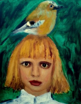 portret z sójką na głowie obraz olejny na płótnie 