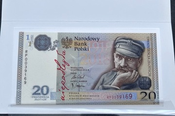 Banknot 20 zł Niepodległość Piłsudski 2018