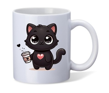 Kubek ceramiczny 330ml z motywem czarnego kotka trzymającego kubek kawy. 