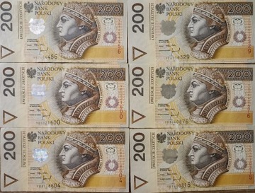 Banknoty 200 zł 6 szt seria zastępcza YB YC