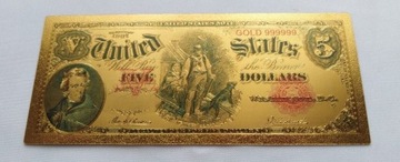 Banknot pozłacany 24k  5 dolarów USA 1907 rok