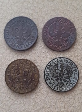 Zestaw monet 5 groszy z roczników 1923, 1925, 1931