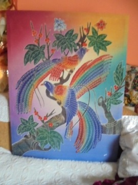 Piękny obraz -malowidlo na tkaninie -rajskie ptaki