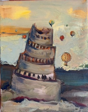 Obraz olejny , Lot balonami nad wieżą Babel