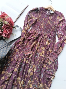 Długa fioletowa Boho sukienka maxi sukienka dekolt na gumce bufiaste rękawy
