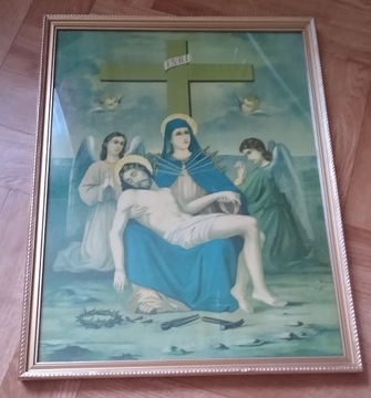 Pieta przedwojenny oleodruk piękny! Duży XIX/ XX w