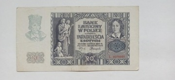 Banknot 20 zł, 1940 r., seria E, stan obiegowy+