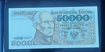 Banknot  50000 zł UNC/UNC- ser. AC 3986319 1989 r.