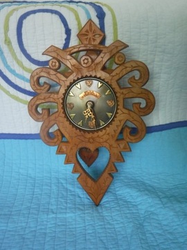 Stary zegar rzeźbiony drewniany KUBA z KOŚCIELISK 