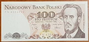 Banknot 100 Złotych - 1988. NBP. Seria PN. IDEALNY