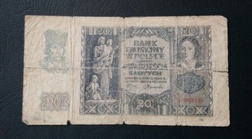 Stary banknot Polska 20 zł 1940 rok Gubernia 